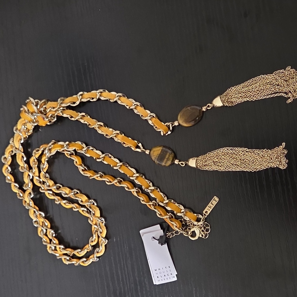NWT White House Black Market Tigers Eye Necklace Gold Yellow Leather